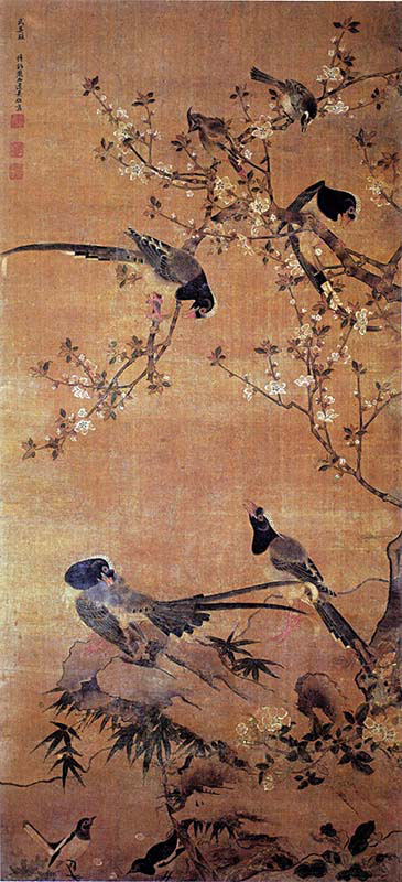 Birds Flocking at Flowers and Bamboo